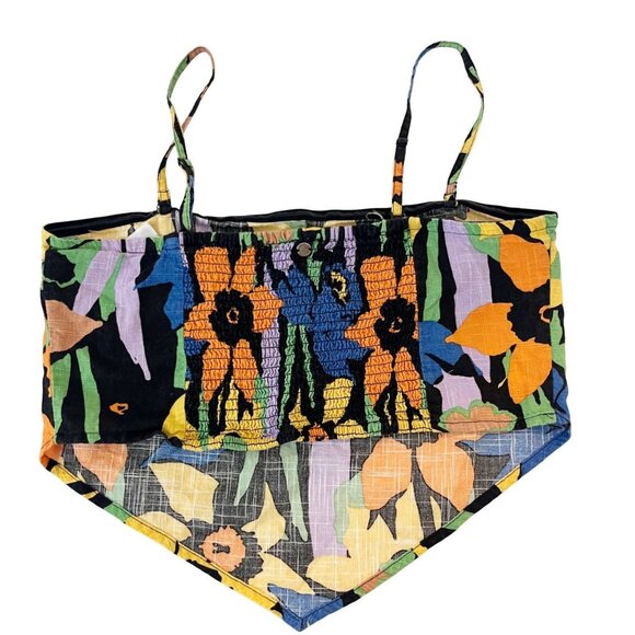 Roxy Black Floral Multicolor Handkerchief Crop Top Boho Beach - Size Large - Picture 2 of 6